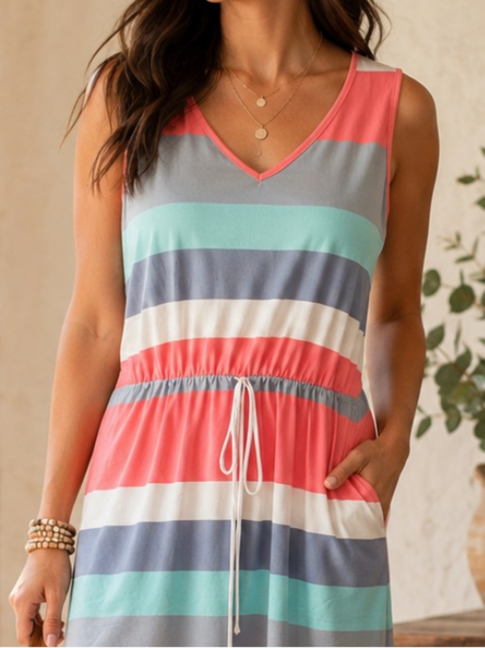 Striped Sleeveless Faux Drawstring Midi Dress - Coral, Teal & Gray